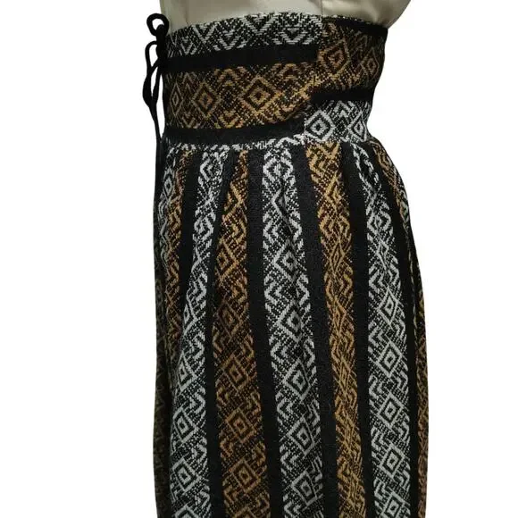 1960s High Waisted Handmade Tribal Boho Print Maxi Skirt Grommet Tie Front SZ XS